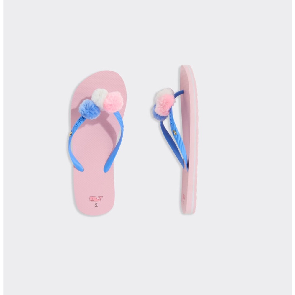 NWT vineyard vines Kids Pink and Blue pompom Flip Flops, 6